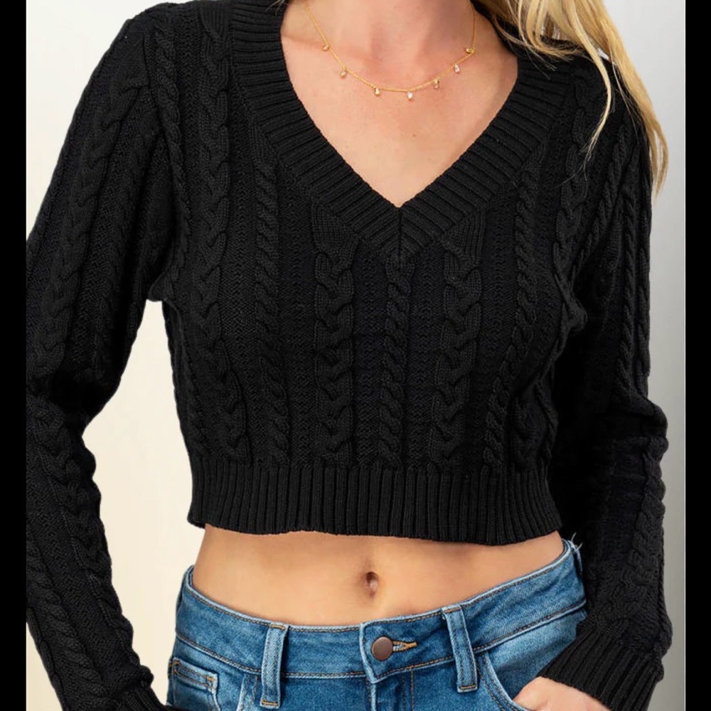 Black Cable Knit V-Neck Sweater